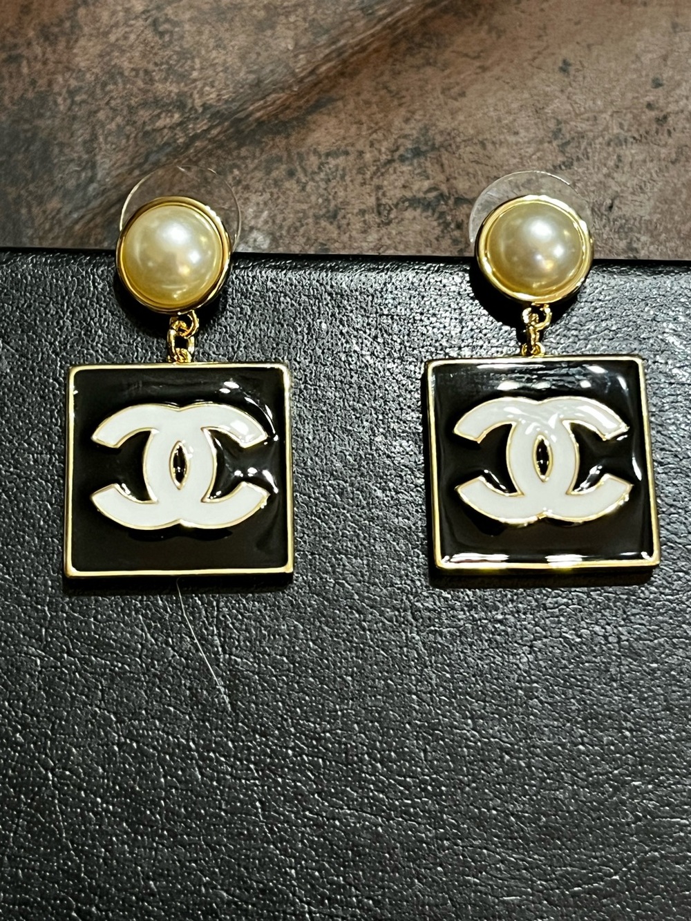 Double C Designer Square Enamel Black White Letter Logo Dangle Earrings